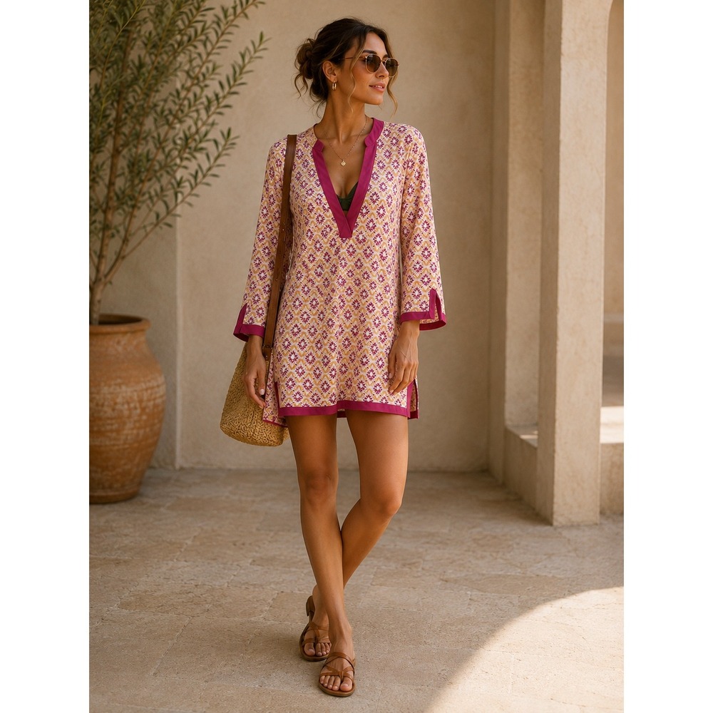 Aqua et Sol Womens Pink Orange Geometric Tunic Top 3/4 Sleeve Size L N39